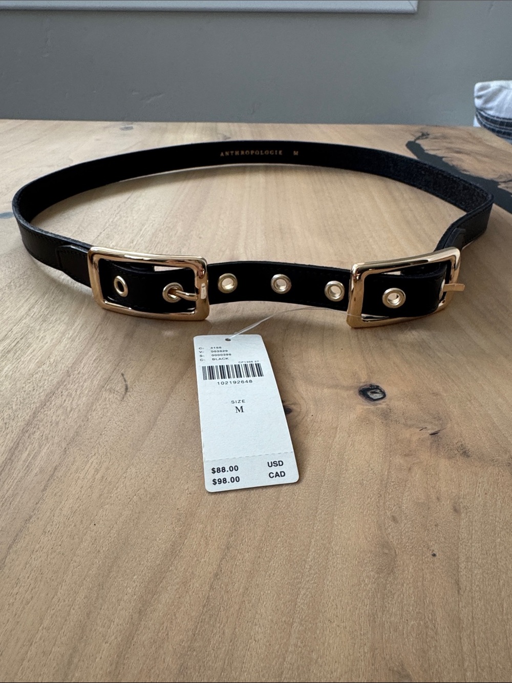 Anthropologie Black Leather Double-Buckle Belt with Gold Hardware